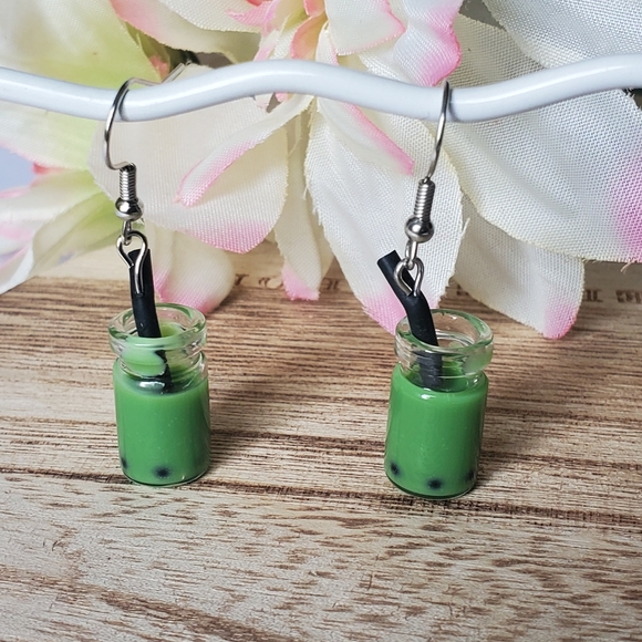 Green Boba Tea Earrings - Picture 2 of 5